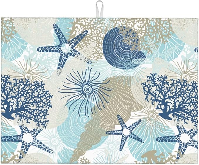 Seashells Starfish Dish Drying Mat for Kitchen Counter Reversible Absorbent Dish Mat Large Drying Kitchen Mat 18X24inch Dish Drying Matt for Kitchen Dish Drying Mat