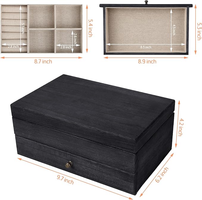 Meangood Jewelry Box Organizer for Women, 2 Layer Large Jewelry Storage Case, Rustic Wooden Jewelry Box with Mirror & Ring Tray for Necklace Earring Bracelets Rings, Vintage Style (Black)