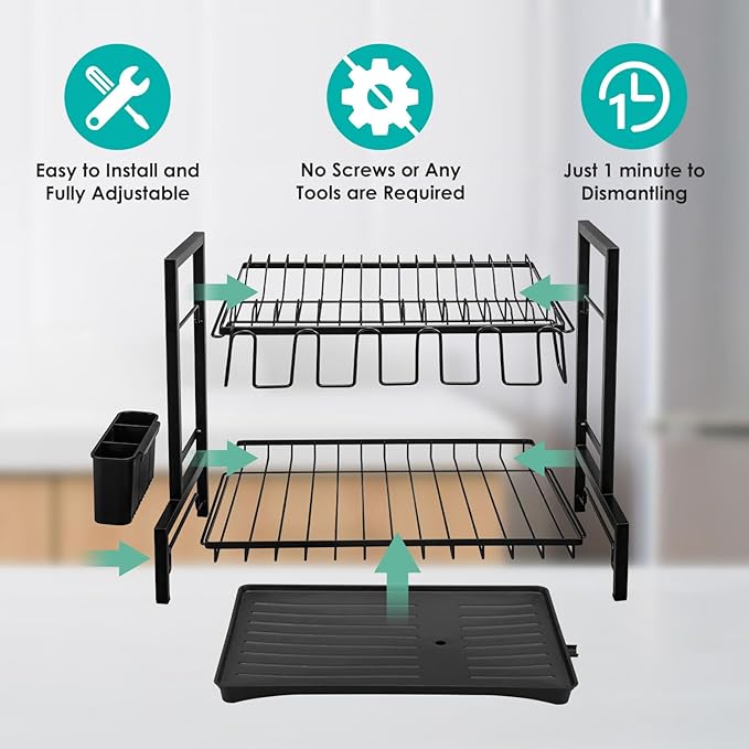 Stelive 2-Tier Dish Drying Rack for Kitchen Counter, Dish Drainer Dish/Cup/Cutlery Holder Dish Drainer Rack 2 Tier Dish Racks with Utensils Holder, Drainboard & 360° Telescopic Drain Pipe (Black)