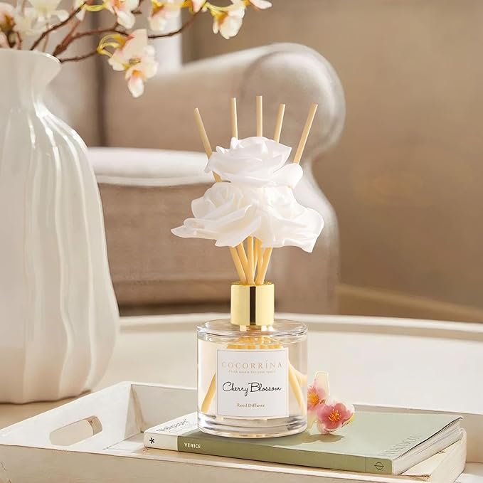 Cocorrína Reed Diffuser Set,6.7oz (200ml) Cherry Blossom Scented Diffuser with 3 White Rose Foam Flowers & Cotton Sticks, Home Fragrance Reed Diffuser for Bathroom Shelf Decor