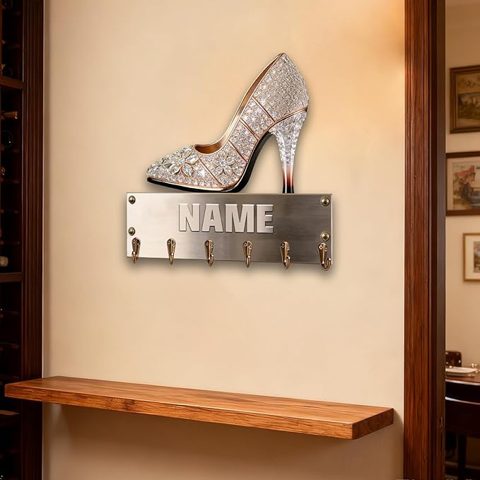 Personalized Wooden 2D Flat Print High-Heeled Shoe Wall Mounted Hook for Women Girl Family Friends Custom Name Key Storage Holder High-Heeled Shoe Coat Rack Home Dexor Gift for Living Room Hallway