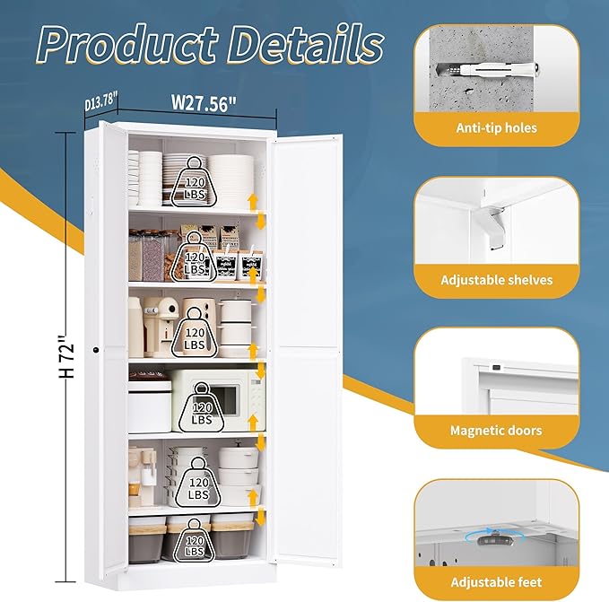 Kitchen Pantry Cabinet, 72" H Storage Cabinet with Doors and Adjustable Shelves, Metal Bathroom Cabinets, Utility Cabinets for Kitchen, Living Room, Garage, Assembly Required, White
