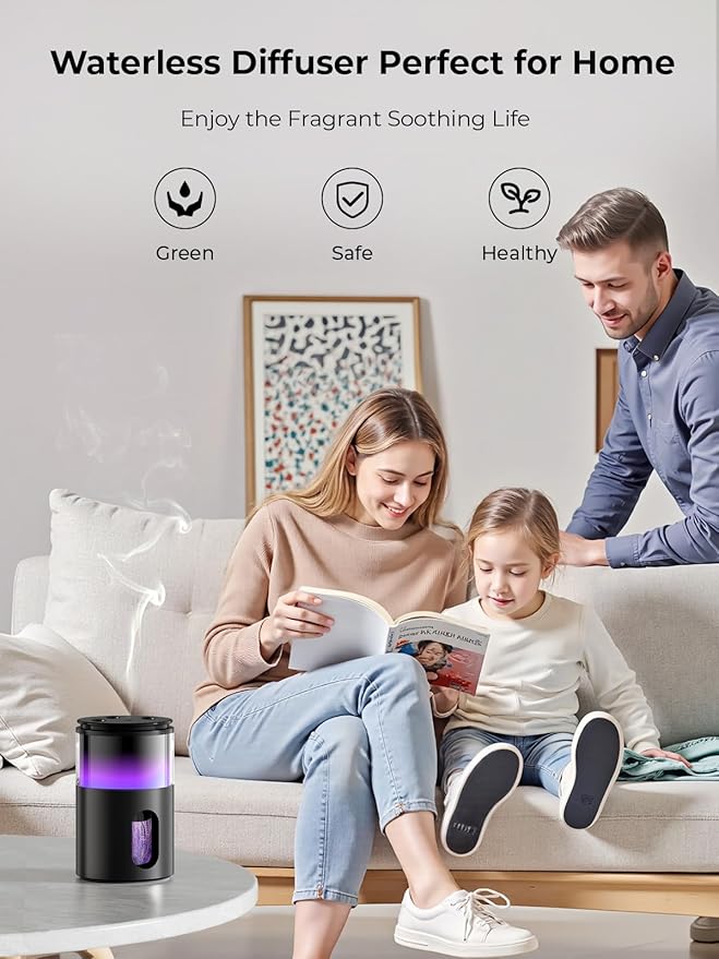 Waterless Diffuser for Essential Oil: Mini Battery Scent Diffuser for Room&Home&Car with 9 Colors LED Light - Aroma Cool Mist Machine Dark Black