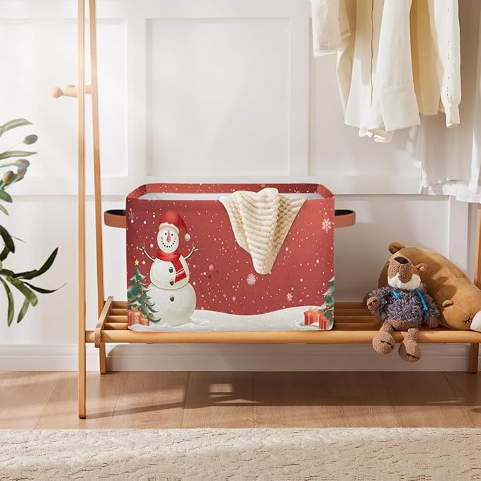 Storage Baskets Bin, Christmas Winter Snowman Collapsible Canvas Fabric Storage Bin Decorative Baskets Toy Organizer Rectangle Storage Boxes with Handles for Home Shelves Nursery, J-011