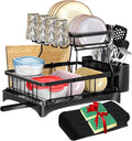 DINEST 2 Tier Dish Drying Rack with Drainboard – Rust Resistant Iron Kitchen Dish Rack with 270° Rotating Spout, Utensil & Plate Holders – Compact Drying Rack for Kitchen Counter - Black