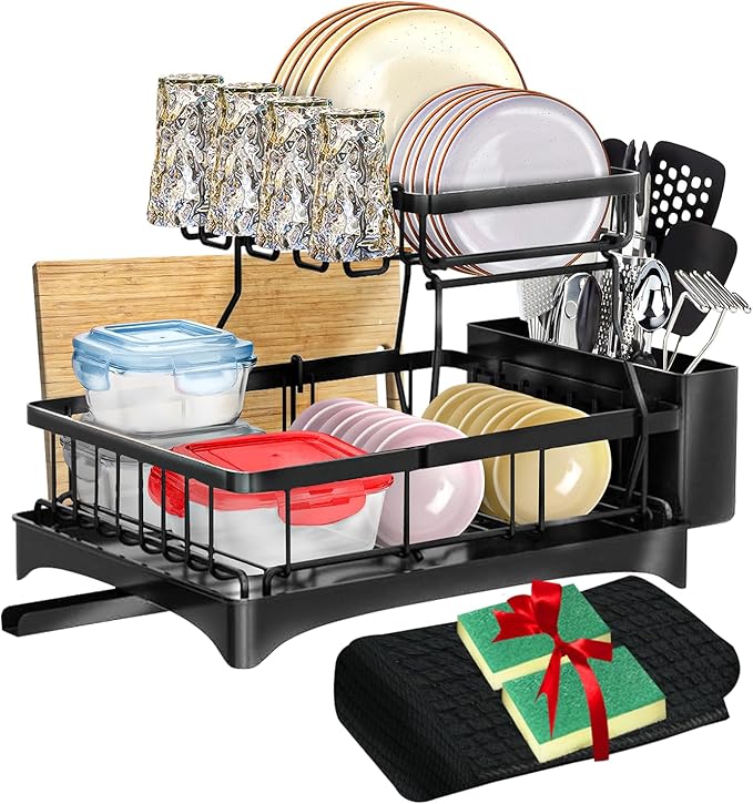 DINEST 2 Tier Dish Drying Rack with Drainboard – Rust Resistant Iron Kitchen Dish Rack with 270° Rotating Spout, Utensil & Plate Holders – Compact Drying Rack for Kitchen Counter - Black