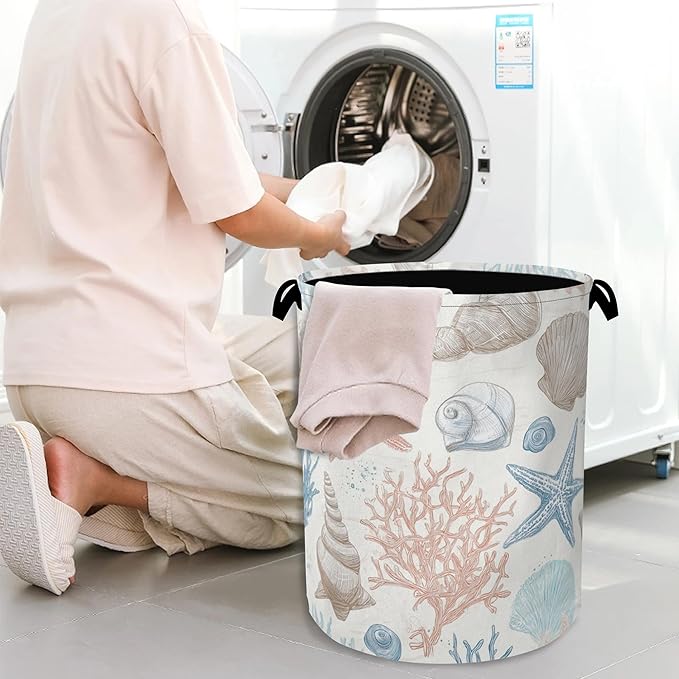 Starfish Laundry Hamper,Shell Coral Dirty Clothes Laundry Basket with Handles Waterproof Oxford Cloth Storage Basket for College Dorms Bathroom Bedroom 16" x 20.8"