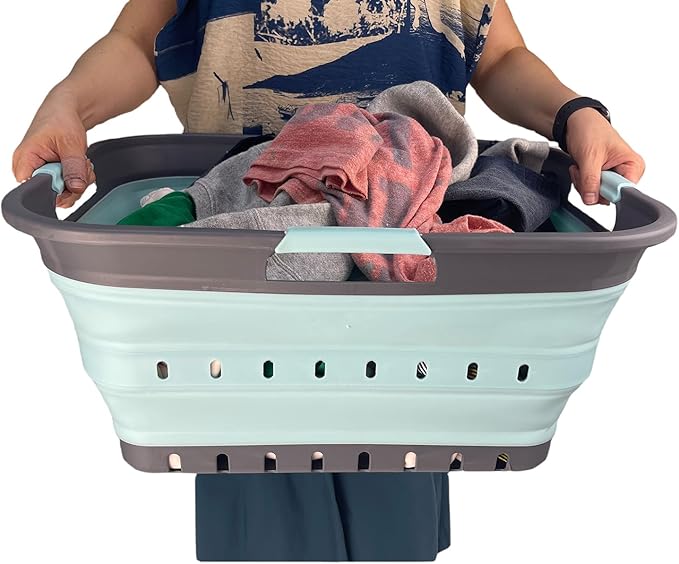 SAMMART 42 (11 Gallons) Collapsible Plastic Laundry Basket, Foldable Pop Up Storage Container/Organizer, Space Saving Hamper, Portable Bin for Dorm Room Bathroom (2, Grey/Lake Green)