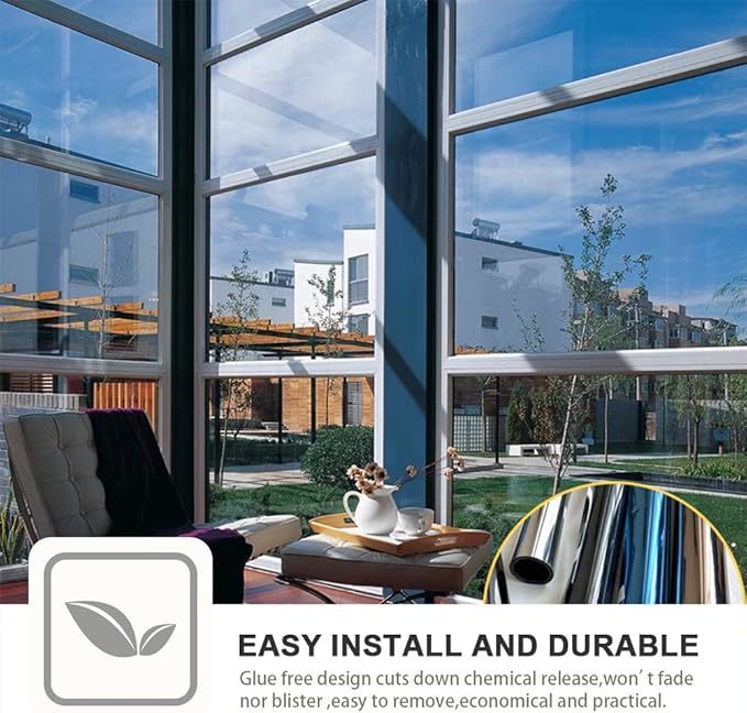 Window Privacy Film One Way Daytime Mirror Tint Treatments UV Heat Control Vinyl Stickers Sun Block Glass Paper Door Covering Reflective (Black Silver, 17.5 Inch x 15.7 Feet)