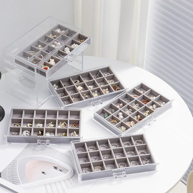 Jewelry Organizer with 5 Drawers Clear Acrylic Earring Display Case Velvet Jewelry Storage Box Display Holder for Earring Ring Bracelet Necklace (Gray, 90 Grids)