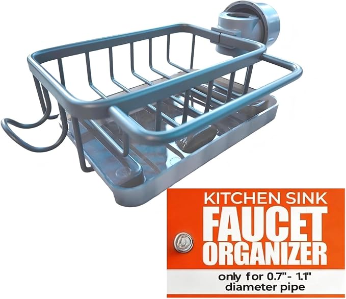 Kitchen Sink Faucet Organizer,Sponge Holder Caddy Rack Multifunction Shelf for Soap,Dish Accessories, Adjustable for 0.7-1.1 Inch Round Water Pipe (Left Grey)