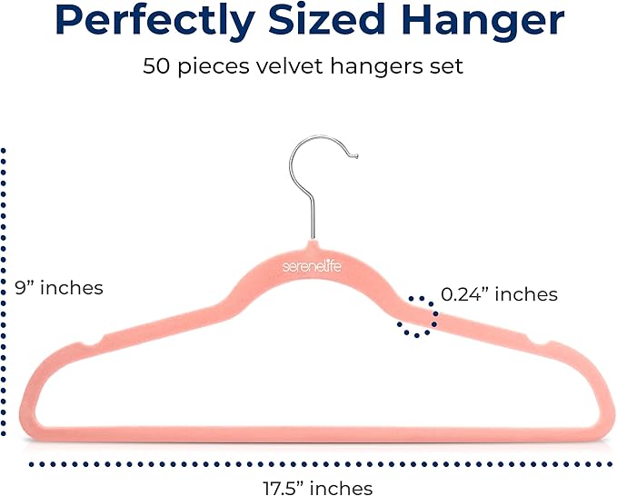 SereneLife 50 Pack Velvet Hangers - Non-Slip, 360° Swivel Hook - Ultra-Thin, Lightweight Velvet Hangers for Shirts, Sweaters, Hoodies, Kids Clothes & Dresses - Space-Saving