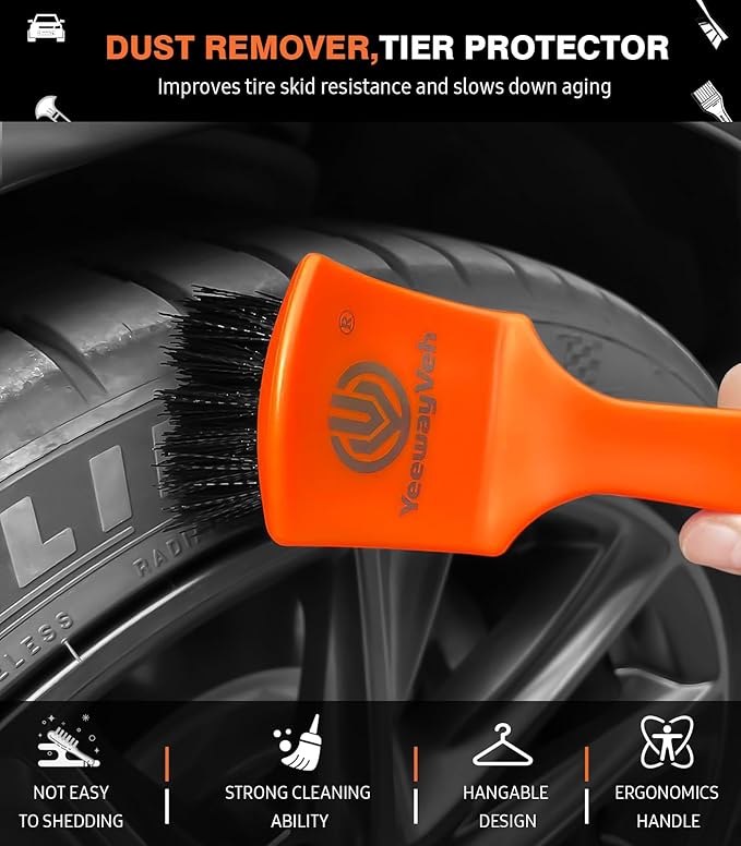 YeewayVeh 8PCS Ultimate Wheel and Tire Brush Kit | 2-Size 360° Bendable Wheel Brushes, Boar Hair Detailing Brush, Tire Shine Applicators & Microfiber Towel, Car Wheel Detailing Cleaning Supplies Kit