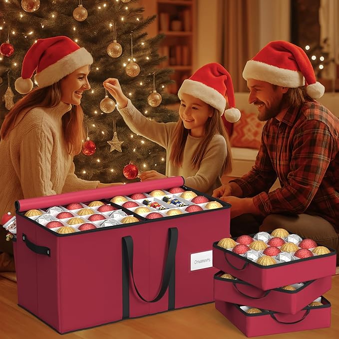 Sunvigor Christmas Ornament Storage Box with 8 Trays, Fits 128 Holiday Ornament Christmas Storage Container with Adjustable Dividers, Dual Zippers, 600D Oxford Christmas Decorations Storage(Rose Red)