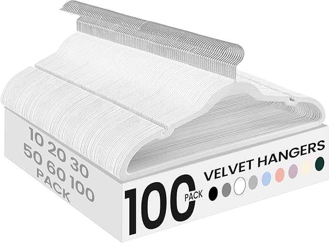 SONGMICS Velvet Hangers 100 Pack, Non-Slip Clothes Hangers with Shoulder Notches, Pants Bar, 360° Swivel Hook, Space-Saving, for Closet, Cloud White UCRF029W010