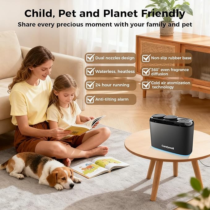 Dual-Scent Waterless Essential Oil Diffuser, Cold Air Diffuser for Home & Commercial Use, 1000 Sq Ft Coverage, APP Control, Quiet Operation, Night Light, Pet & Kid Friendly, Anti-Tilt Alarm