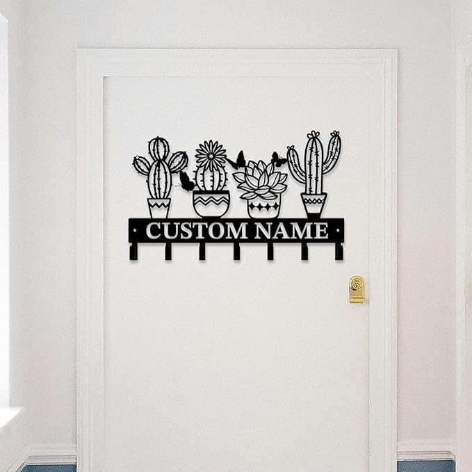 Personalized Custom Name Cactus Wall Keys Hooks,Metal Cactus Art Clothes Hooks,Metal Cactus Lover Wall Home Storage Decorative,For Front Door, Hallway, Kitchen, Bedroom,Keys,Hats (Style J)
