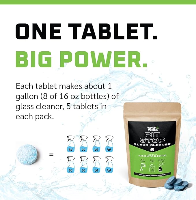 WASH&WHIPS Window/Glass Cleaner Refill Tablets - 5ct (Makes 5 Gal/20L) - Streak-Free, Cleans Glasses, Windows, Windshields - Car, Office, Home & Kitchen