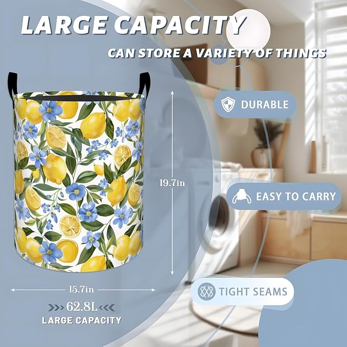 Fresh Lemons and Blue Flowers Laundry Basket with Handles, 19.7"x15.7" Clothes Foldable Laundry Hamper Organizer for Dorm Nursery Bedroom Bathroom Decor, Toy Storage Bin for Kids