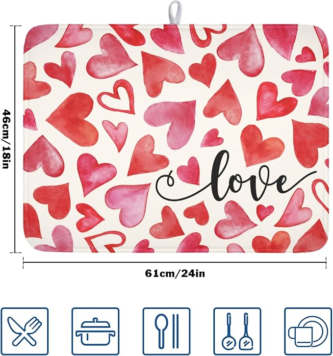 ABSOP Valentine's Day Dish Drying Mat 18 x 24 Inch Heart Shaped Dish Drying Pad Absorbent Microfiber Mats for Red and Pink Dish Rack Pad for Kitchen Counter Coffee Bar Decor