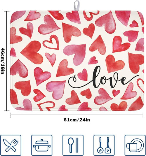 ABSOP Valentine's Day Dish Drying Mat 18 x 24 Inch Heart Shaped Dish Drying Pad Absorbent Microfiber Mats for Red and Pink Dish Rack Pad for Kitchen Counter Coffee Bar Decor