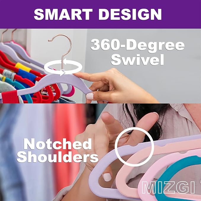 MIZGI Premium Velvet Hangers (50 Pack) Heavy Duty - Non Slip Felt Hanger - Velvet Suit Hangers Dark Purple - Rose Gold Hooks,Space Saving Clothes Hanger