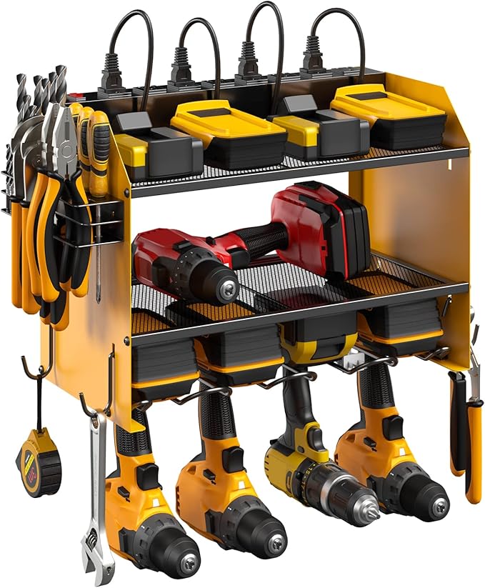 CCCEI Modular Power Tool Organizer Wall Mount with Charging Station. Garage Drill Storage Shelf with Hooks, Heavy Duty Rack, Tool Battery Holder Built in 8 Outlet. Gift for Men. Yellow, 1 Pack.