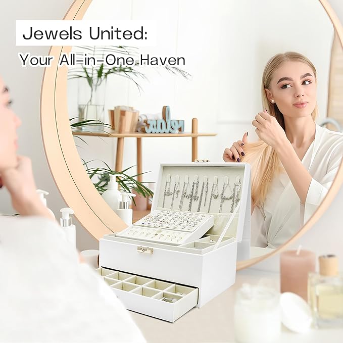 Jewelry Organizer Box, Jewelry Box Organizers for Women Girls, Jewellery Display Holder, 3 Layers Large Leather Jewels Storage Case for Earring, Rings, Necklaces, Bracelets, Watch, Ideal Gift (White)