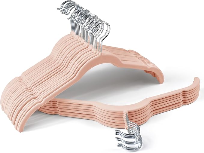 Sishynio Premium Velvet Shirt Hangers 30 Pack, Non-Slip 360° Swivel Hook Space-Saving Felt Hanger, Slim Flocked Hangers for Blouses, Strappy Dresses, Tank Tops(Pink)
