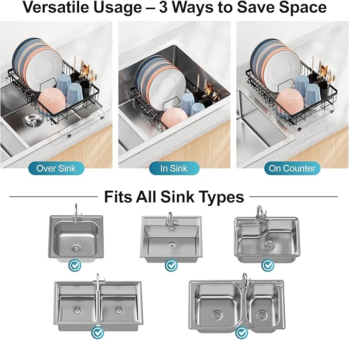 iSPECLE Expandable Dish Drying Rack for Kitchen Sink - Rust Resistant Adjustable Over The Sink Dish Drainer with Non Slip Rubber, 11.8" W x 12.8"-25.2" L, Black