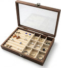 CT SUN Small Wooden Jewelry Organizer Box Case, Vintage Style Display Case with HD Glass Lid, Velvet Lining, for Women Rings Earrings Bracelets Brooches, Compact Size Jewelry Box for traveling