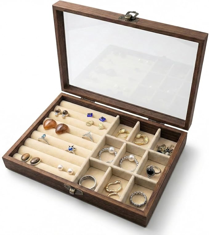 CT SUN Small Wooden Jewelry Organizer Box Case, Vintage Style Display Case with HD Glass Lid, Velvet Lining, for Women Rings Earrings Bracelets Brooches, Compact Size Jewelry Box for traveling
