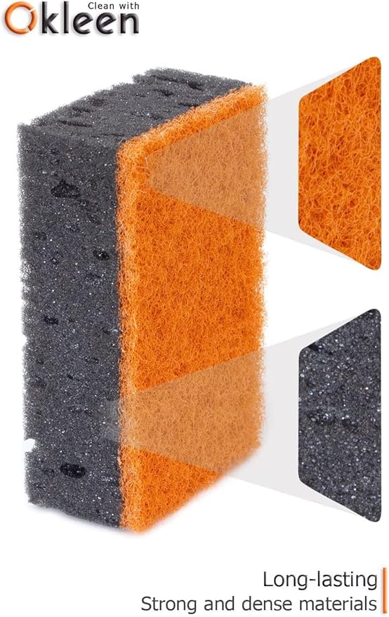 Okleen Black & Orange Multi Use Scrub Sponges. Made in Europe. 9 Pack, 4.3x2.8x1.4 inches. Heavy Duty and Non Scratch Fiber. Odorless Durable and Delicate Scrubber. Halloween Edition