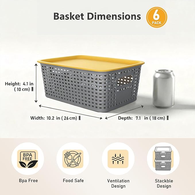 AREYZIN Plastic Storage Bins with Lids, 6-Pack Stackable Pantry Organizers and Storage Containers for Shelves, Closet Organization, Drawer Organizer Bins,Gray & yellow lids