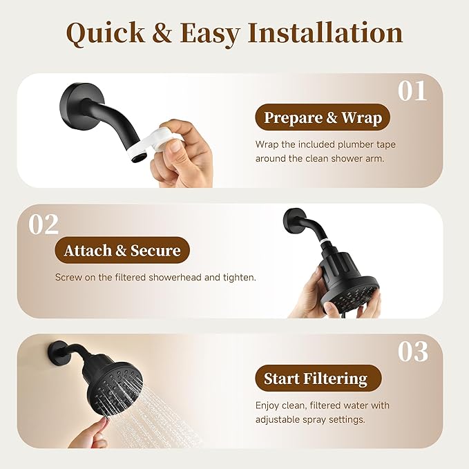 BRIGHT SHOWERS Filtered Shower Head, High Pressure Fixed Showerhead for Hard Water, Dual-Media Filter Removes Chlorine & Impurities, 8 Spray Modes, Matte Black