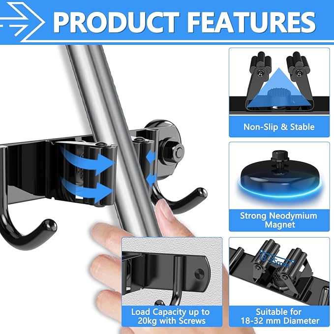 3-H Magnetic Broom Holder Wall Mount 1 Pack, 2-in-1 Dual Mount (No Drill or Screw Fix), 304 Stainless Steel Heavy Duty Magnet Mop Broom Organizer for Kitchen Garden Garage(4 Racks & 5 Hooks,Black)