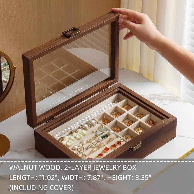 2-Layer Glass Lid Walnut Jewelry Box for Women, Vintage Style Solid Wood Jewelry Organizer and Display Case, Ideal Gift for Rings, Earrings, Necklaces & Bracelets