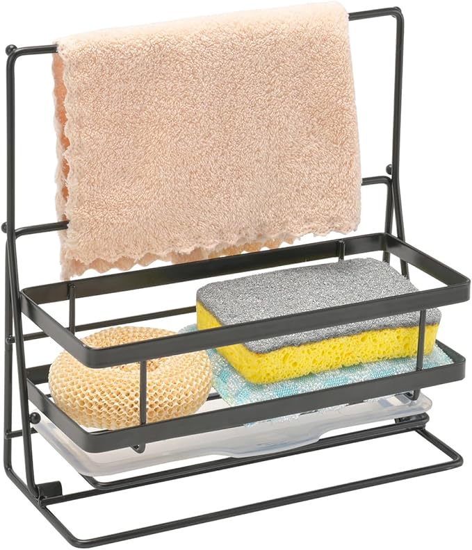 Luoshanvee Kitchen Sink Caddy Countertop Organizer with Foldable Dish Rag Holder for Sponge Dish Soap Steel Wool Scrubber,Sink Caddy with Drain Rack Food Strainer