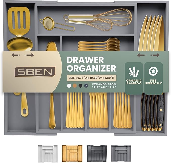 Sben Expandable Drawer Organizer for Utensils Holder, Adjustable Cutlery Tray, 6-8 Slots, Premium Wood Drawer Dividers Organizer for Silverware, Flatware, Knives for Kitchen (Gray)