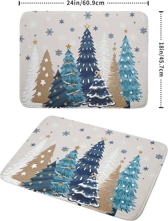 Christmas Tree Dish Drying Mat for Kitchen Counter 24x18 Inch Xmas Snowflake Drying Mat with Absorbent Reversible Microfiber House Blue Trees Dish Drainer Mats Rack Pad for Coffee Countertop Protector