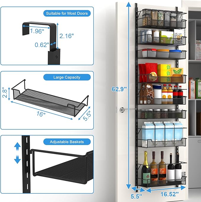 VyGrow Over the Door Pantry Organizer, 8-Tier Over the Door Organizer with Adjustable Basket, Pantry Door Organization for Pantry Kitchen Storage Room Spice Rack, Black