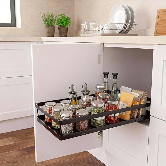 Under Sink Organizer, Ball-Bearing, Under Kitchen Sink Organizer, Under Cabinet Organizer, No-Drill Adhesive, Under Sink Storage (Glossy Black, 1-Pack)