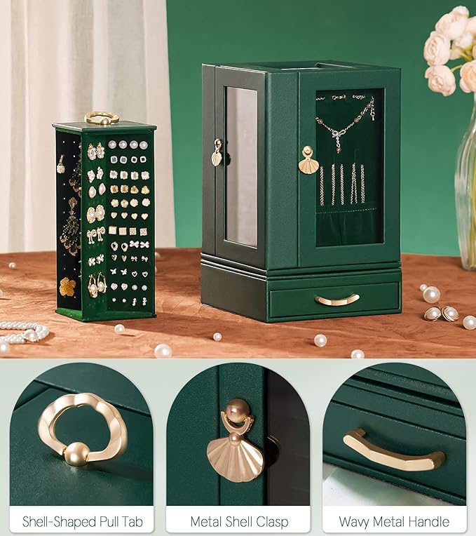 Jewelry Box large for Dresser: Women Necklace Ring Storage Organizer with Compartments - Elegant Earring Holder Display (Dark Green)