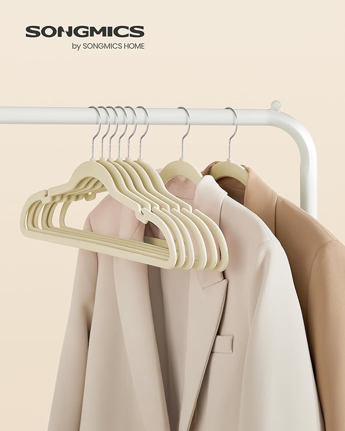 SONGMICS Velvet Hangers 100 Pack, Non-Slip Clothes Hangers with Shoulder Notches, Pants Bar, 360° Swivel Hook, Space-Saving, for Closet, Summer Sand UCRF029K100
