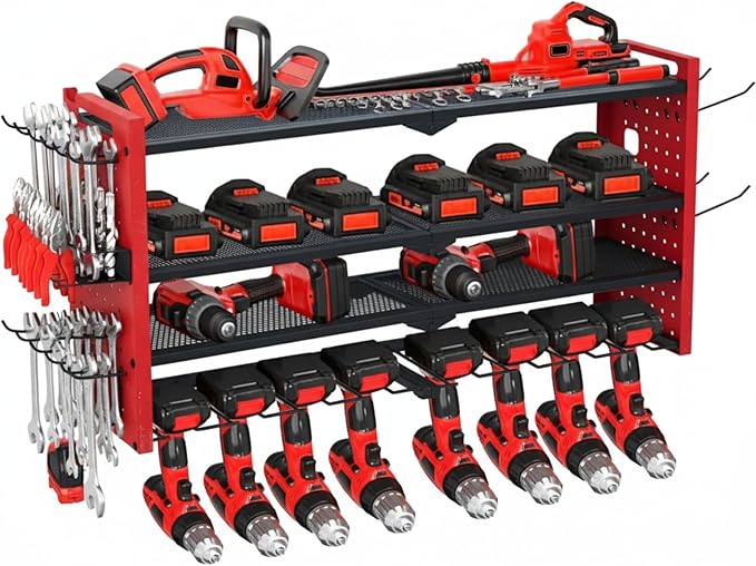 Festisoul Heavy Duty Wall Mount Tool Organizer Rack, 4-Tier Metal Garage Storage with 8 Drill Slots & Hooks, 240 Lbs Capacity Power Tool Organizer for Workshop, Garage, Gift for Men