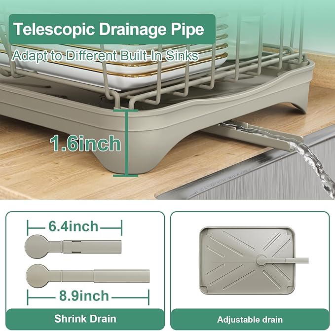 HOMEAILIE Dish Drying Rack, 2-Tier Dish Drying Rack with Utensil Holder – Large Capacity Auto-Draining Dish Drainer with Drainboard for Kitchen Counter, Grey