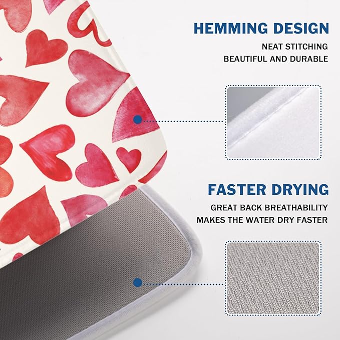 ABSOP Valentine's Day Dish Drying Mat 18 x 24 Inch Heart Shaped Dish Drying Pad Absorbent Microfiber Mats for Red and Pink Dish Rack Pad for Kitchen Counter Coffee Bar Decor