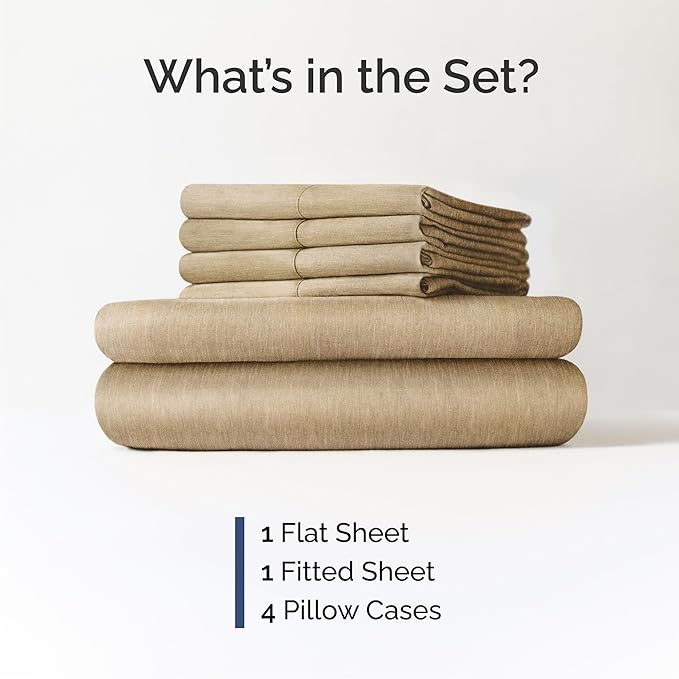 Queen 6 Piece Sheet Set - Comfy Breathable & Cooling - Soft Hotel Luxury Bedding Set with 8-16 Inch Deep Pockets - 1 Flat & 1 Fitted Sheet & 4 Pillowcases - Wrinkle Free & Easy Care - Heathered Tan