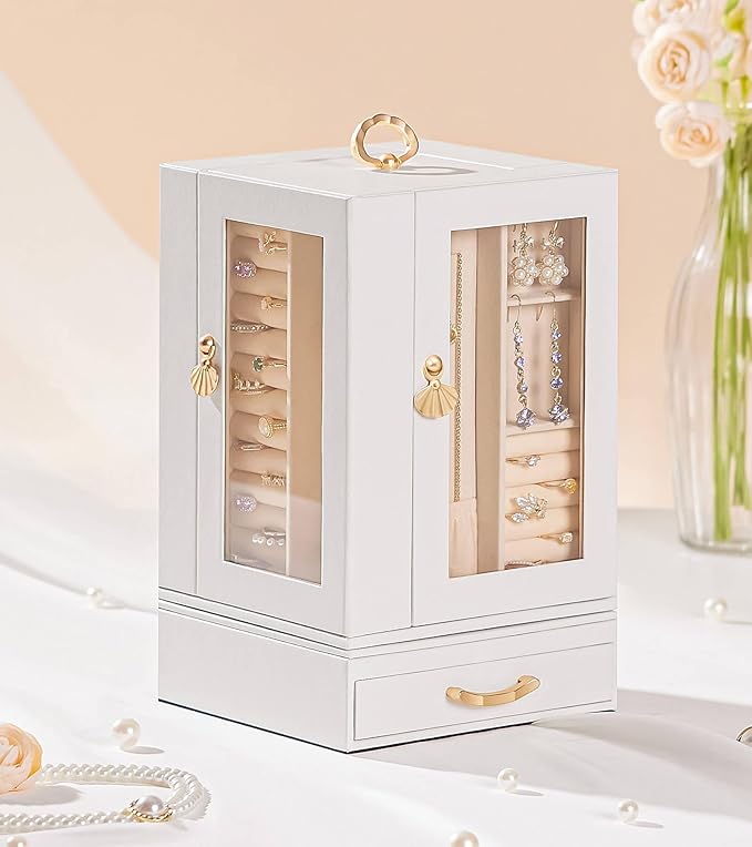 Jewelry Box large for Dresser: Women Necklace Ring Storage Organizer with Compartments - Elegant Earring Holder Display (White)