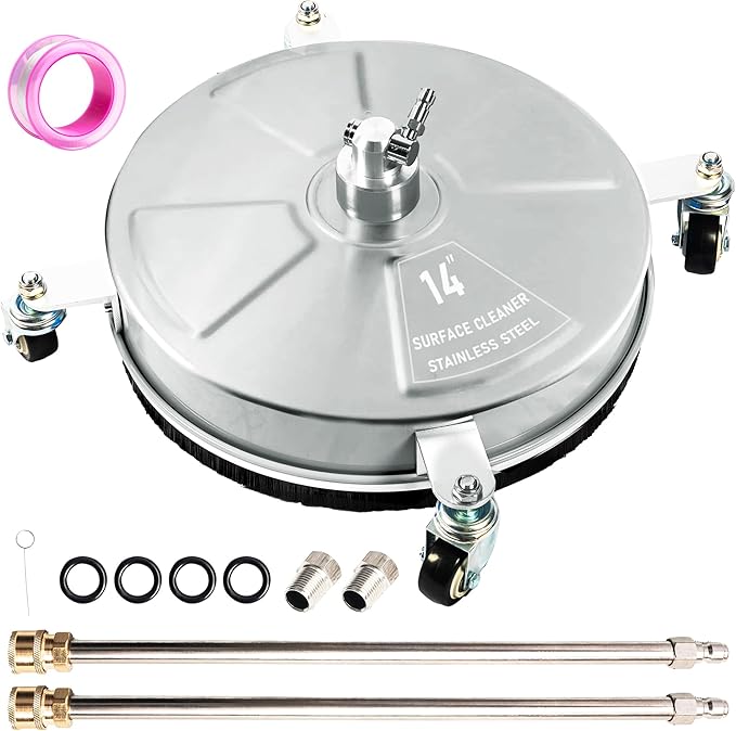 Wexo Palindrog 14" Pressure Washer Surface Cleaner with 4 Wheels, Stainless Steel Power Washer Surface Cleaner for Driveways Sidewalks Patios, 1/4" Quick Connector, 2 Extension Wand, 4000 PSI